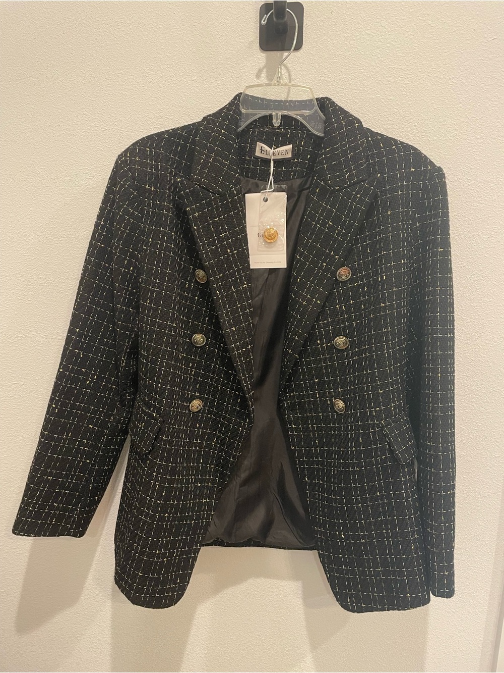 Seven7 Black Tweed Double-Breasted Blazer with Gold Buttons